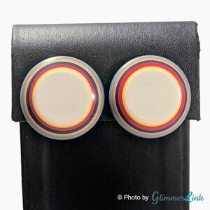 Vintage Round Striped Rainbow Multicolor Button Style Retro Pierced Earrings